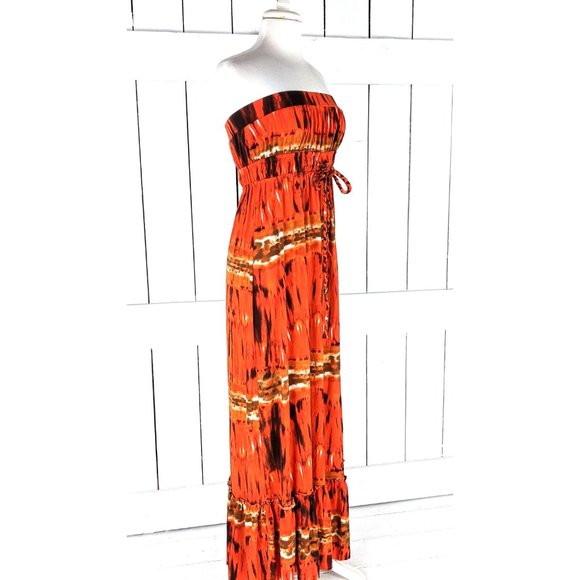 Sele orange brown boho tie dye water color strapless slinky ruffle maxi dress - Picture 3 of 5